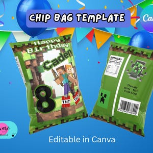 Op de afbeelding: Twee groene chipzak sjablonen met een Minecraft thema. Eén zak heeft de tekst "Happy Birthday Caden" en het nummer 8. De andere zak heeft een Creeper ontwerp en een barcode. De tekst "Chip Bag Template" en "Editable in Canva" zijn ook zichtbaar.