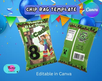 mine crafter editable chip bag for kids birthday