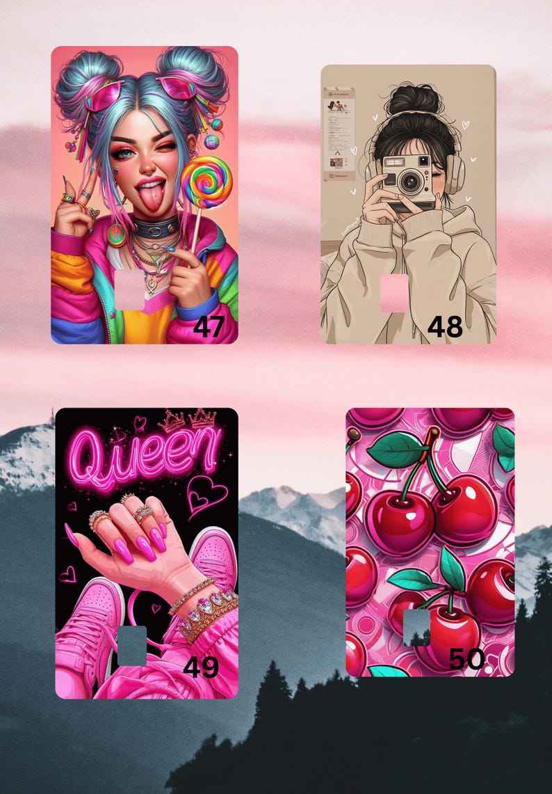 May include: Four colorful illustrations on a pink background. The first shows a woman with blue hair holding a lollipop. The second depicts a person taking a photo. The third shows the word "Queen". The fourth shows cherries.