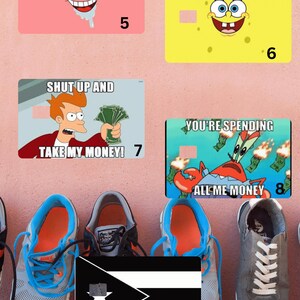 May include: A collection of colorful credit card designs featuring cartoon characters and memes. The cards include images of Patrick Star, SpongeBob SquarePants, and various meme phrases. A Puerto Rican flag design is also included.