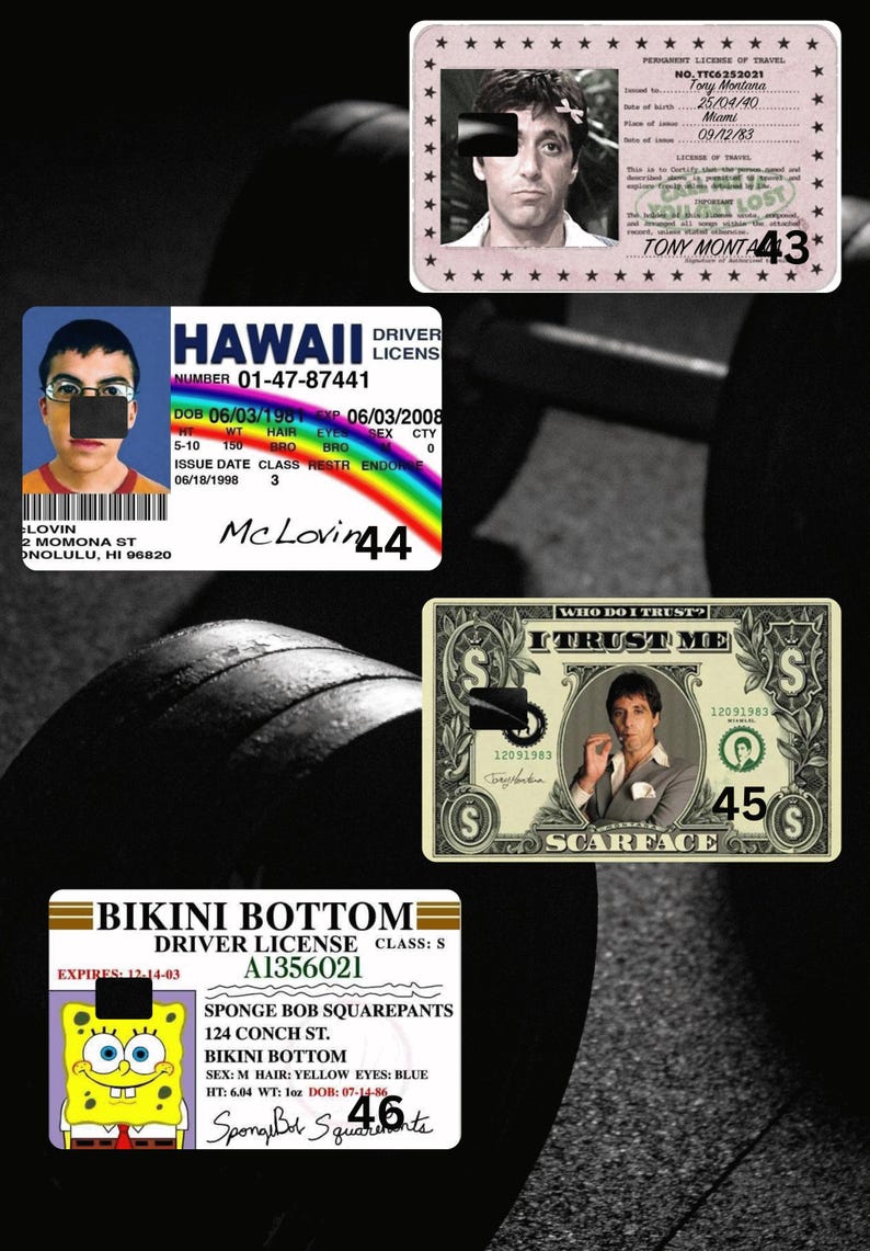 May include: A collection of novelty driver's licenses and a dollar bill parody. The licenses feature the names Tony Montana, McLovin, and SpongeBob SquarePants. The dollar bill features Tony Montana with the text "I Trust Me".