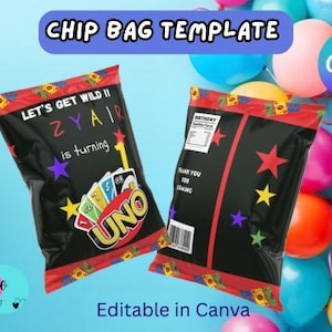 May include: Two black chip bag templates with red and yellow accents, featuring the text "LET'S GET WILD II ZYAIR is turning 1" and an UNO card design. The background includes colorful balloons.