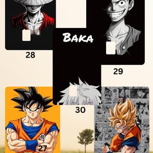 May include: A collection of phone cases featuring anime characters. The designs include portraits of characters from popular anime series, with vibrant colors and detailed artwork. Each case has a unique number.