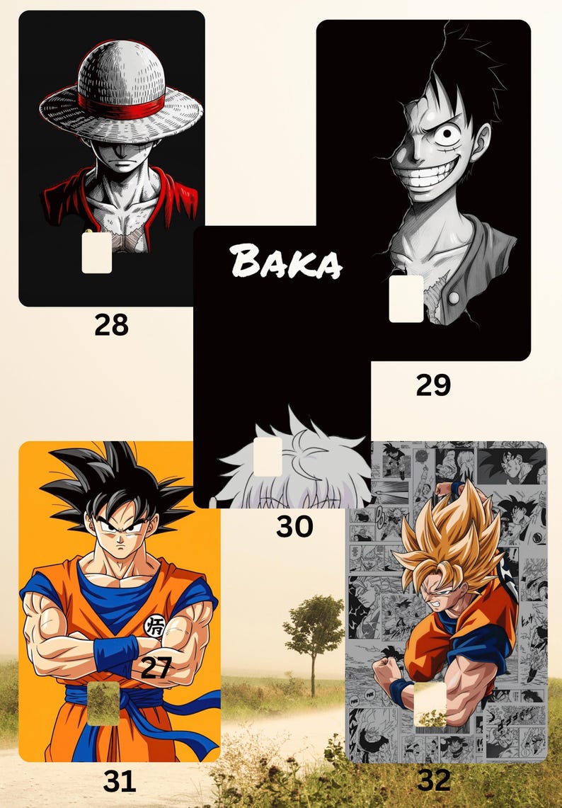 May include: A collection of phone cases featuring anime characters. The designs include portraits of characters from popular anime series, with vibrant colors and detailed artwork. Each case has a unique number.