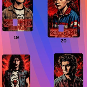 May include: Four rectangular art prints featuring characters from the "Stranger Things" series. Each print has a character portrait with the show's logo and the number 19, 20, 21, or 22. The background is a gradient of purple and blue.