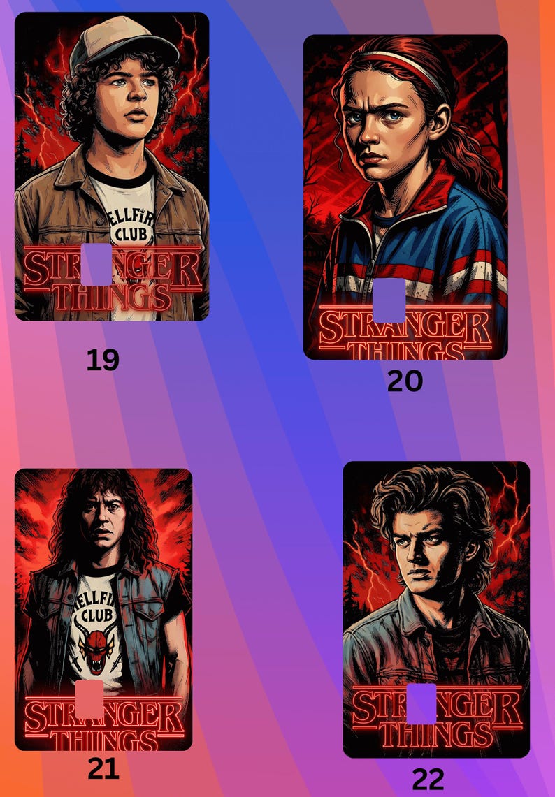 May include: Four rectangular art prints featuring characters from the "Stranger Things" series. Each print has a character portrait with the show's logo and the number 19, 20, 21, or 22. The background is a gradient of purple and blue.