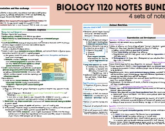 Puede incluir: Un conjunto de cuatro páginas de notas de biología coloridas con el título "BIOLOGY 1120 NOTES BUNDLE" y el texto "4 sets of notes". Las notas cubren temas como la circulación y el intercambio de gases, la respuesta inmunitaria, la nutrición animal y la reproducción y el desarrollo.