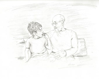 Liam et grand-père - esquisse commandée, cadeau pour la fête des pères, illustration de livre, dessin au crayon