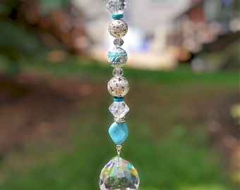 Beaded Suncatcher, Blue Beaded Suncatcher, Sparkling Rainbow Maker, Hanging Window Prism, Crystal Suncatcher, Prism Suncatcher, Home Decor