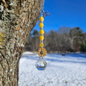 Sunflower Car Charm•Sunflower Beaded Crystal Suncatcher•Rearview Mirror Charm•Hanging Crystal Prism