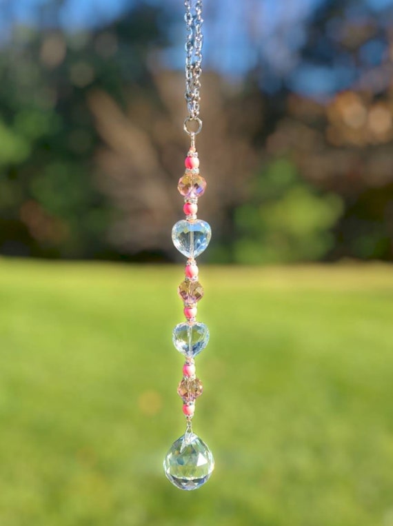 Beaded Pink Heart Crystal Suncatcher, Rainbow Maker, Hanging Crystal Prism  Suncatcher, Rainbow Window Prism 