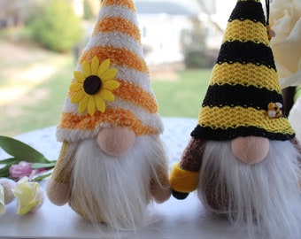 Pair of Spring Bee Gnome, Sunflower Bee Gnome, Small Spring Gnome Decor, Adorable Handmade Gnomes, Faceless Gnome - Tiered tray decor