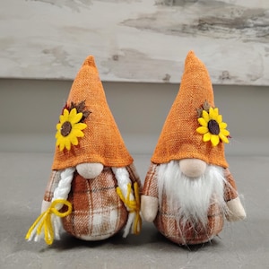 May include: Two fall-themed gnomes with orange hats and plaid bodies. Each gnome has a sunflower on its hat and a white beard. One gnome has white braids with yellow accents. The other gnome has a white beard.