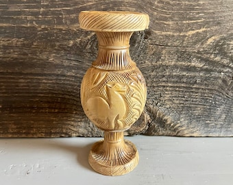 Vintage Hand-Carved Olive Wood Vase: Camel & Pineapple Boho Decor