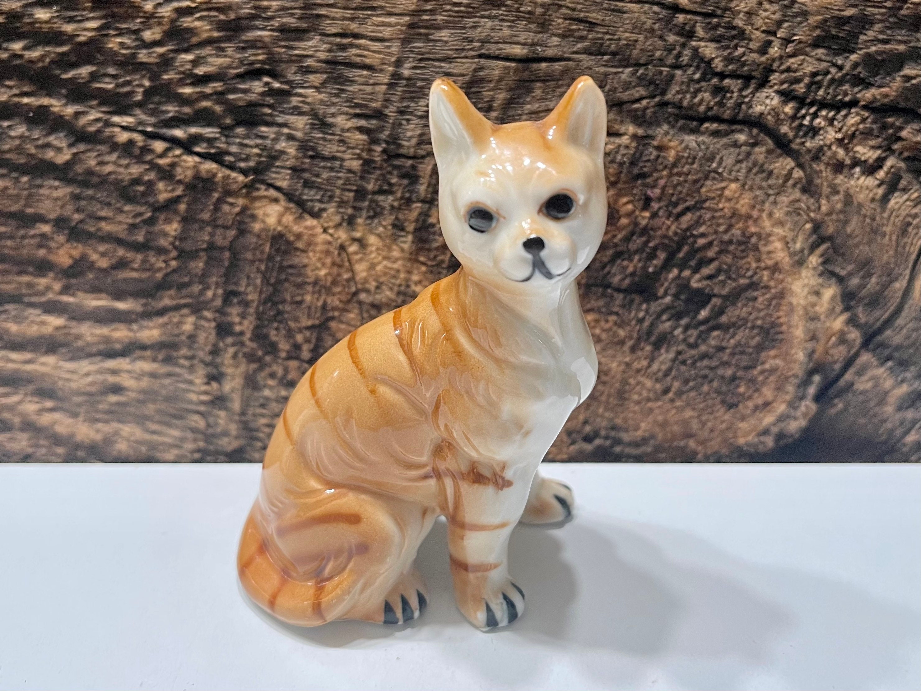 Vintage Lego Cat Figurine, Sitting Kitty Porcelain Statue, Orange