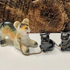 Vintage Porcelain Dog Figurine with Puppies, Vintage Terrier Figurine with Puppies on Chain, 1950s Japan Dog with Puppies, Dog Lovers Gift