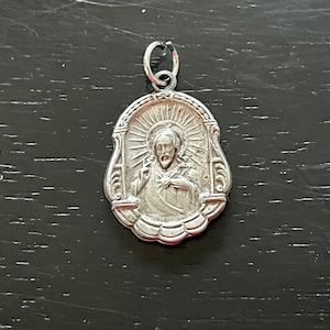 Vintage Sacred Heart of Jesus Religious Medal, Art Deco Vintage Jesus Pendant, Catholic Pendant, Our Lady of Mt Carmel Charm, Catholic
