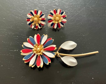 Set vintage bloemenbroche en clipoorbellen: rood wit blauw retro-sieraden