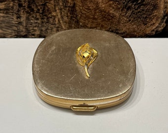 Vintage Mirror Compact, Leaf Art Deco Gold Tone Compact, Empty Powder Compact, Cross Hatch Pattern, Vintage Compact with Mirror, Powder
