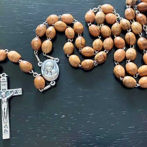 Vintage Olive Wood Bead Rosary: INRI Crucifix, Mary & Child Centerpiece, Terra Jerusalem Relic