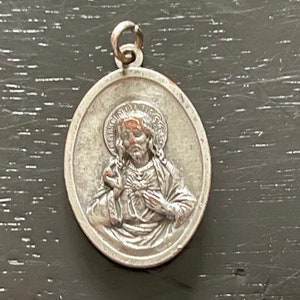 Vintage Large Sacred Heart of Jesus Religious Medal, Vintage Silver over Bronze Jesus Pendant, Our Lady of Mt Carmel Charm, Catholic Pendant