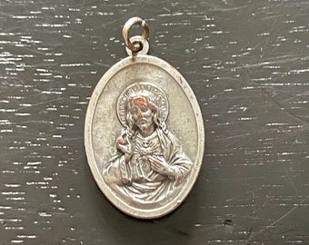 Vintage Sacred Heart of Jesus Medal: Silver over Bronze Catholic Pendant