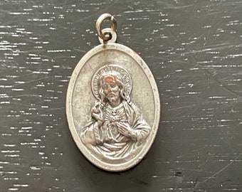 Vintage Large Sacred Heart of Jesus Religious Medal, Vintage Silver over Bronze Jesus Pendant, Our Lady of Mt Carmel Charm, Catholic Pendant