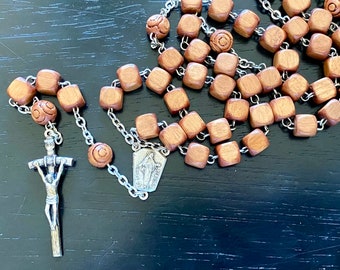 Vintage Wood Bead Rosary, Brown Wood Bead Rosary, Metal Crucifix, Our Lady of Međugorja Center Piece, Carved Pater Beads, Wood Prayer Beads