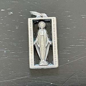 Vintage Framed Miraculous Mary Pendant, Open Cut Rectangle Silver Tone Medal, Catholic Medal, Virgin Mary Pendant, Catholic Charm, Religious