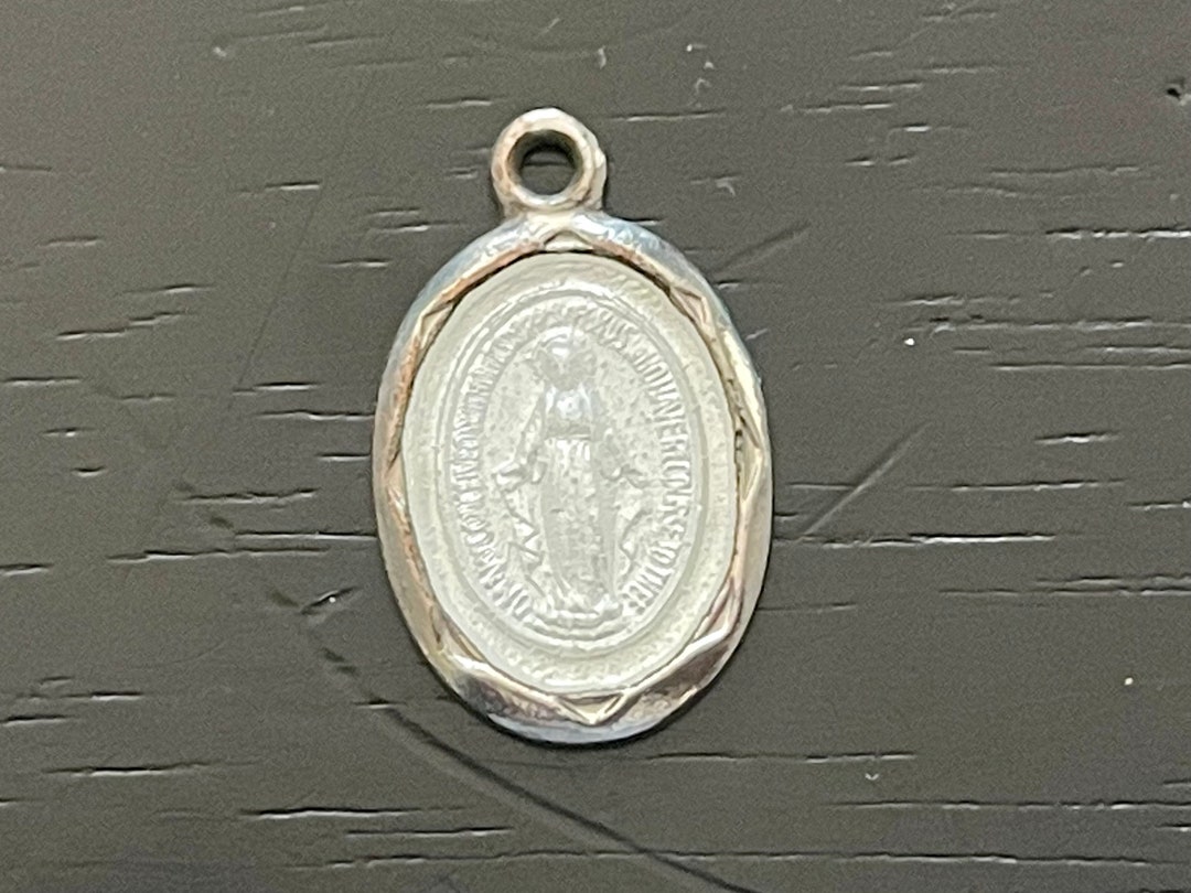 Vintage White Enamel 1830 Miraculous Mary Medal, Silver Tone Miraculous ...