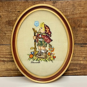 Vintage Hummel Embroidery Needlepoint, Gold Gilt Framed, Hummel Boy Hiker, Blonde Boy, Goebel Hummel, Vintage Embroidery Art, Needle Point