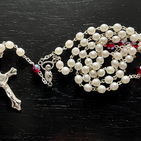 Vintage Faux Pearl Rosary, Italian Silver Metal Crucifix, Crowned Virgin Mary and Jesus Connector, Red Iridescent Beads, Stamped Italy