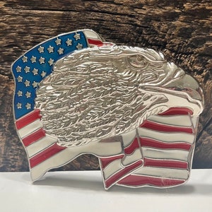 Vintage American Flag & Eagle Belt Buckle, Silver Tone Metal Belt Buckle, Vintage Enamel Flag, Buckle With Flag, United States of America