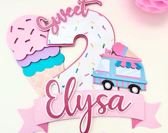Two sweet ice cream cake topper, Custom cake topper, Three scoops of fun cake topper, Ice cream cone party decor, Ice cream 1st birthday.