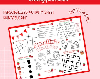 Custom strawberry birthday activity placemats, Personalized Activity Sheet Printable PDF, Kids Party Activity sheet, Birthday coloring page.