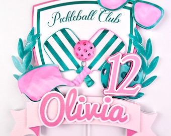 Pickleball Cake Topper, Pink & Green Pickleball Birthday Topper, Sports cake topper, Custom Name and Age, Pickleball Party Decor.