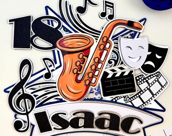 Music and Theater Cake Topper, Saxophone, Musical Notes, Drama, Film Reel and Clapperboard Birthday Decor.