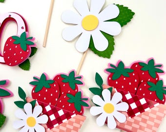 Strawberry cupcake toppers, Custom strawberry cupcake toppers with age, Berry First Birthday cake smash, Mini strawberry cupcake toppers.