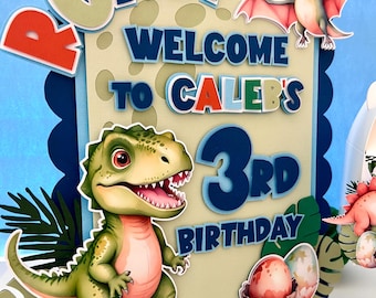 Personalized Dinosaur Welcome Sign, Custom Dino Birthday Table Sign, Dinosaur Party Decor, Kids Dinosaur Birthday theme, Name & Age.