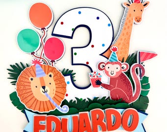 Party Animals Cake Topper, Jungle Safari Birthday Cake Topper, Lion Elephant Monkey Zebra Topper, Wild One Party Decor, Custom Name and age.