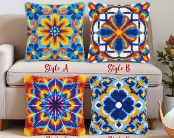 Mediterranean Tile Latch Hook Kit Blue Yellow Pillow Cover Azulejo Decor