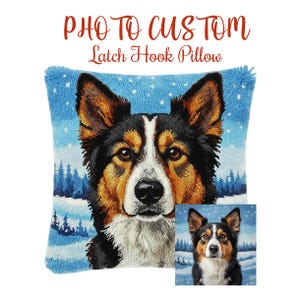 May include: A custom latch hook pillow with a dog portrait in black, brown, and white. The pillow has a blue background with a snowy forest scene. Text reads "PHOTO CUSTOM Latch Hook Pillow".