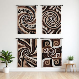 May include: Four abstract wall hangings with spiral and geometric designs in shades of brown, beige, and black. Each piece is rectangular and mounted on a black rod. The designs vary, creating a cohesive yet diverse set of decorative art.