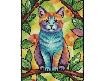 Rainbow Cat Jungle Branch Latch Hook Kit DIY Rug Making Kit Pre-Printed Canvas 69x102cm