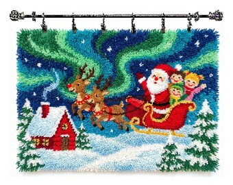 Santa Sleigh DIY Latch Hook Kit Adult Yarn Rug Kids Bedroom Winter Wall Decor