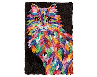 Rainbow Cat Latch Hook Rug Kits Pre-Printed Canvas with Non-Slip Backing 69x102cm