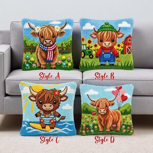 May include: Four decorative cushions featuring Highland cow designs. Each cushion showcases a different cow illustration with themes: patriotic, farmer, surfer, and romantic. The cushions are square and have a textured appearance.