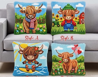 Latch Hook Pillow Kits: Highland Cow, Patriotic Scarf, Farm Boy, Surf Cow, Balloons