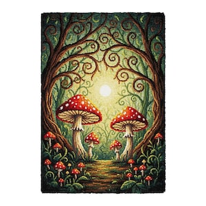 Op de afbeelding: Een grillig tapijt met een bosscène met grote rode paddenstoelen met witte stippen. Het ontwerp omvat een pad dat leidt naar een heldere zon, omgeven door bomen en gebladerte in groen- en bruintinten. Het tapijt heeft een getextureerd uiterlijk.