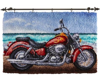 シーサイド モーターサイクル ラッチフックラグキット プレプリントキャンバス 滑り止め裏地付き 102 x 69 cm